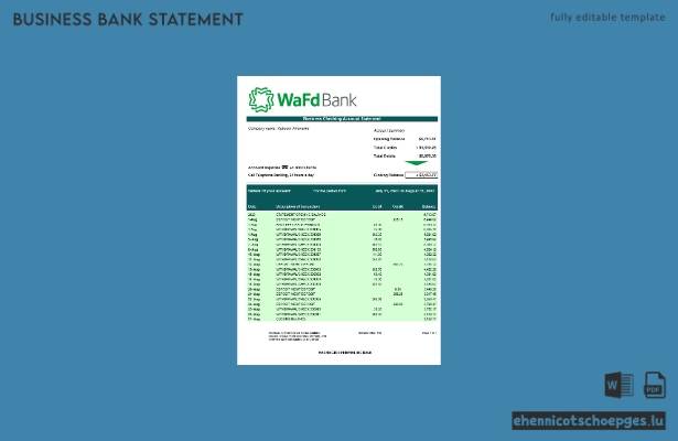 Beispiel eines Kontoauszugs des Geschäftskontos der Washington Federal Inc. Bank (Word- und PDF-Datei)